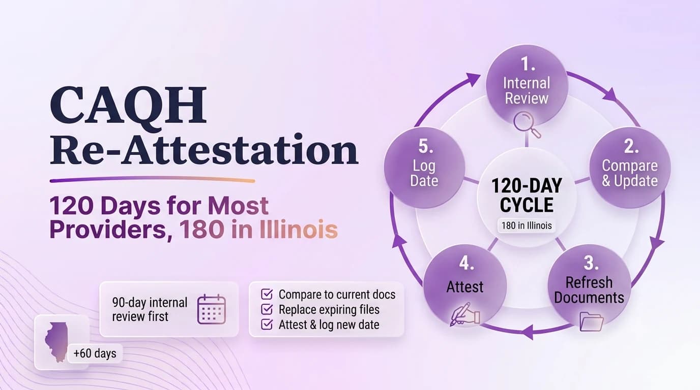 CAQH re-attestation cycle diagram: 120 days for most providers, 180 in Illinois, showing internal review, compare and update, refresh documents, attest, and log date as a recurring loop.