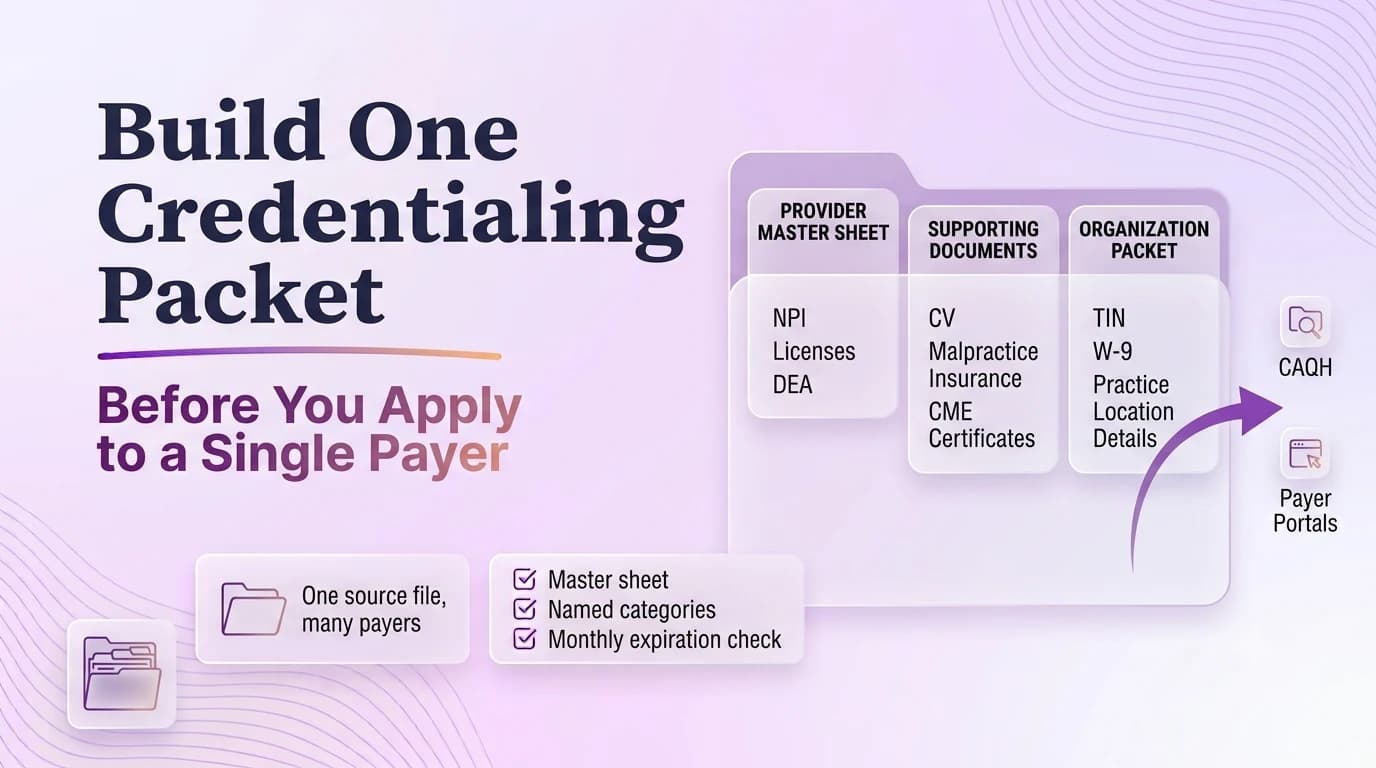 Building one commercial payer credentialing packet with three tabbed categories — provider master sheet, supporting documents, organization packet — feeding into CAQH and payer portals.
