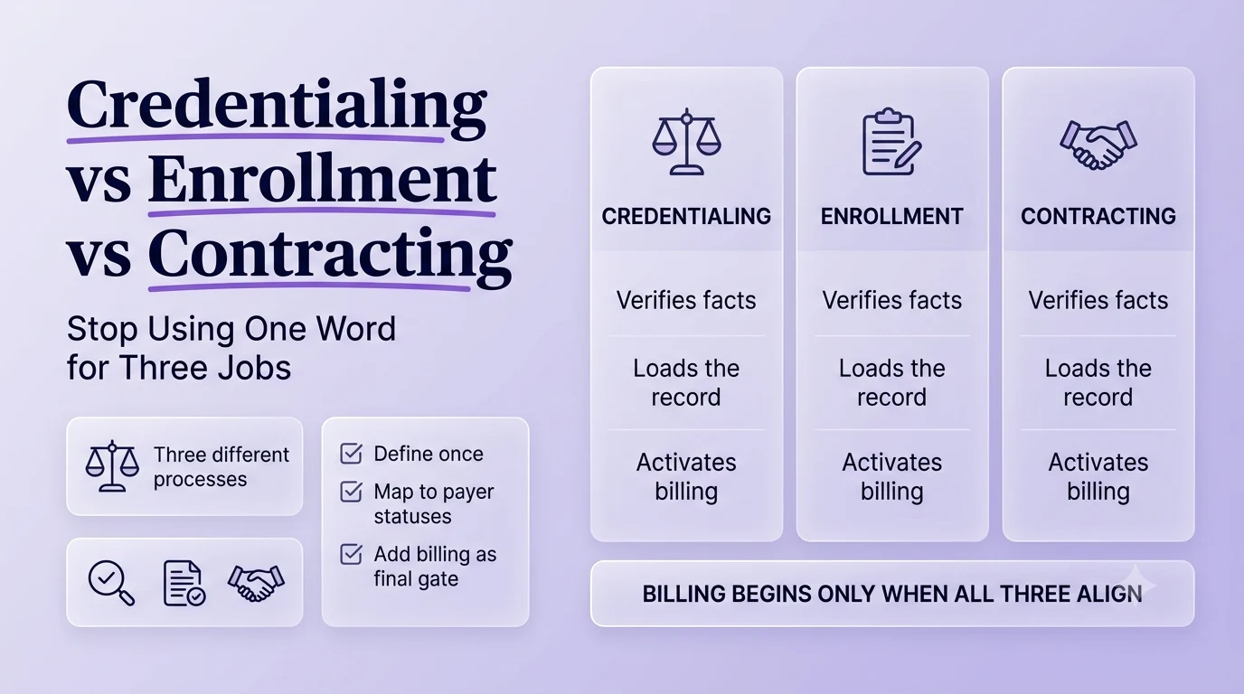 Three-column comparison of credentialing, enrollment, and contracting showing what each verifies, loads, and activates, with billing beginning only when all three align.