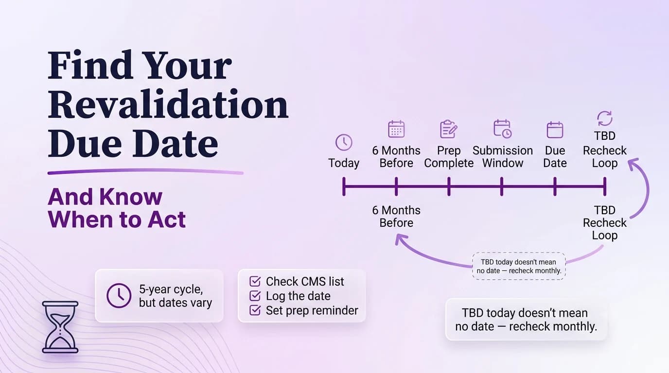 Finding a Medicare revalidation due date: timeline from today through 6 months before, prep complete, submission window, due date, and the TBD recheck loop.
