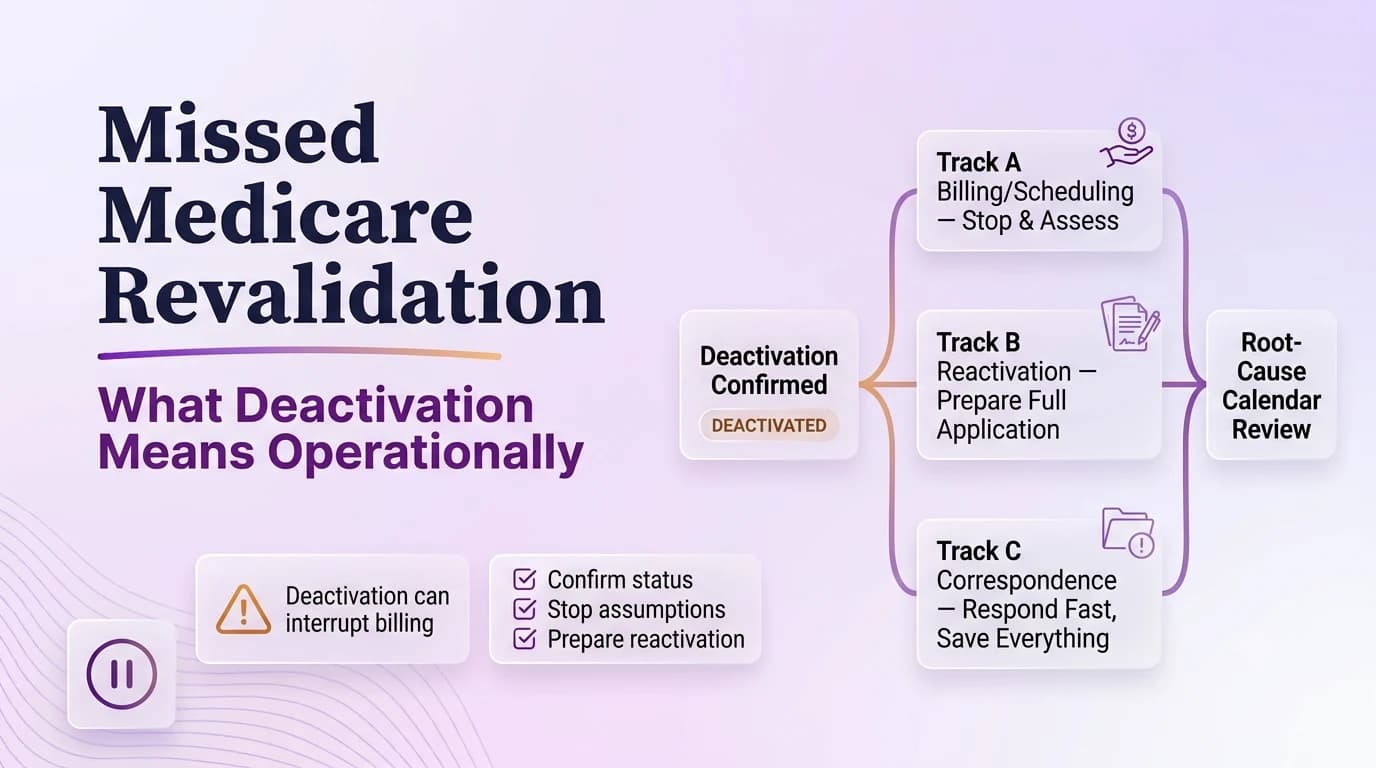 Missed Medicare revalidation and deactivation: three parallel tracks for billing assessment, reactivation application, and contractor correspondence, converging into a root-cause calendar review.