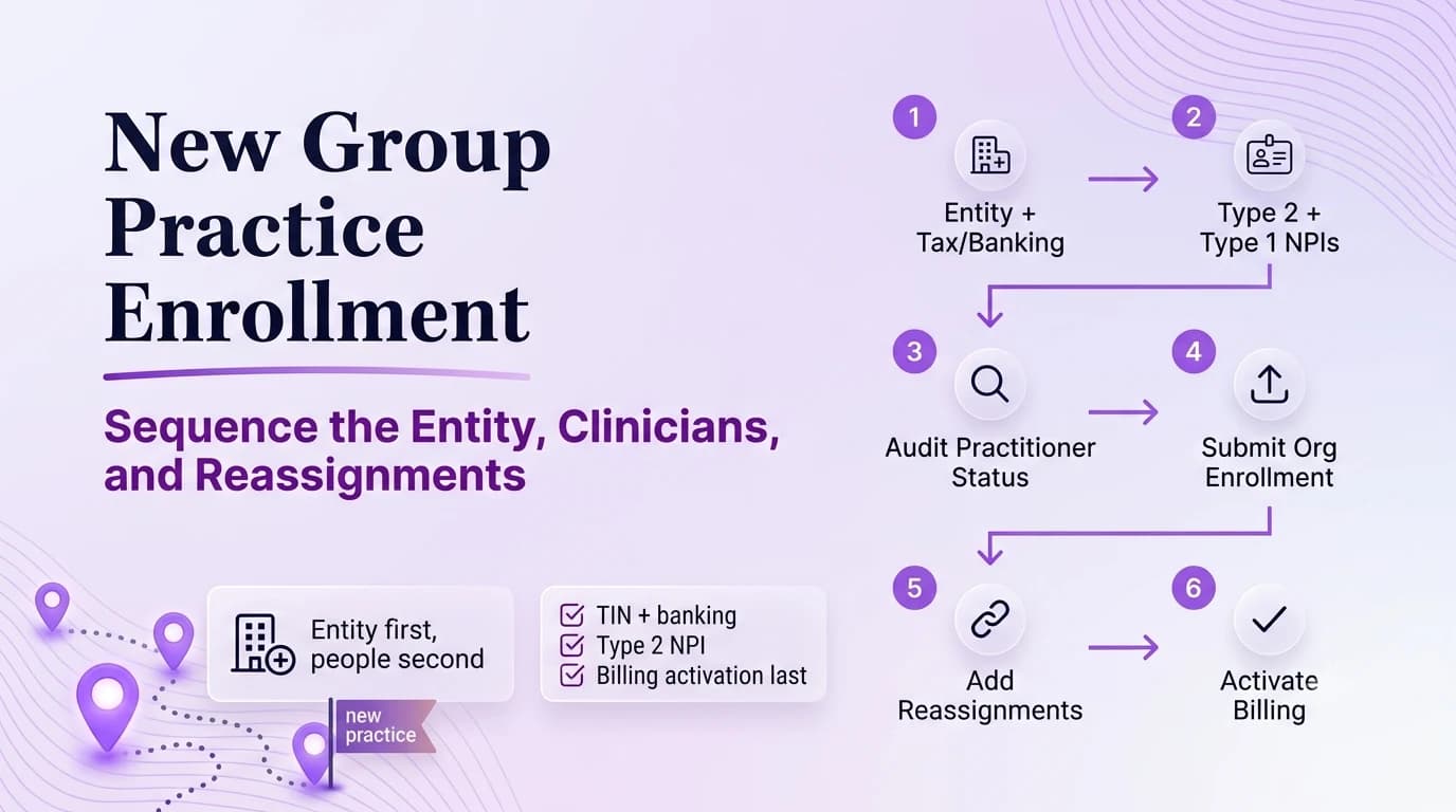 Sequencing new group practice Medicare enrollment: entity and tax/banking, Type 1 and Type 2 NPIs, practitioner status audit, organization enrollment submission, reassignments, and billing activation.